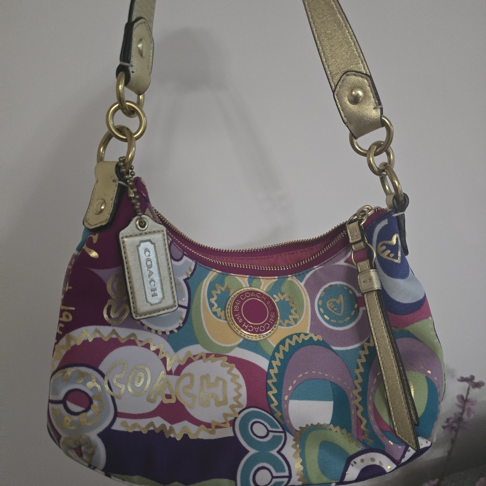 Coach Gold Shoulder Bag with Artistic Design